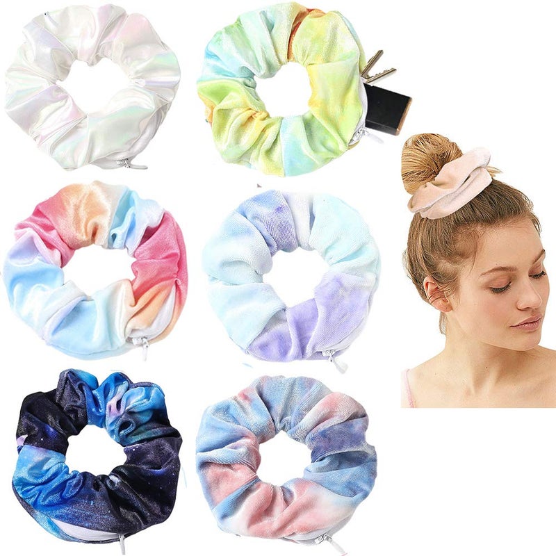 DINPREY Women's Velvet Multicolor Hair Ties with Secret Zipper Pouch - Tie Dye Scrunchies and Soft Stash Elastic Ties for Vsco Girl Stuff (6 Pcs C) - Image 1